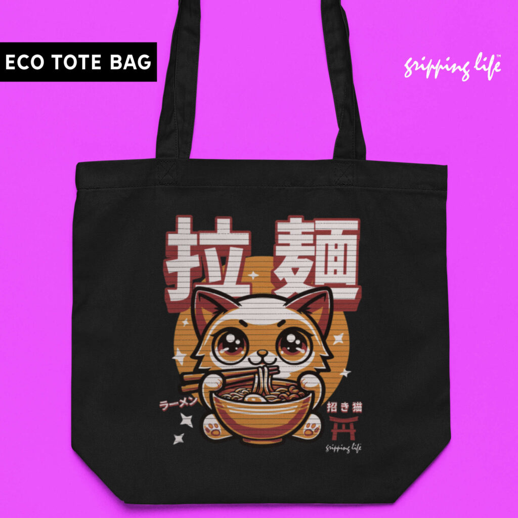 Cute Kawaii Cat Eating Ramen Eco Tote Bag By-Gripping Life - Black