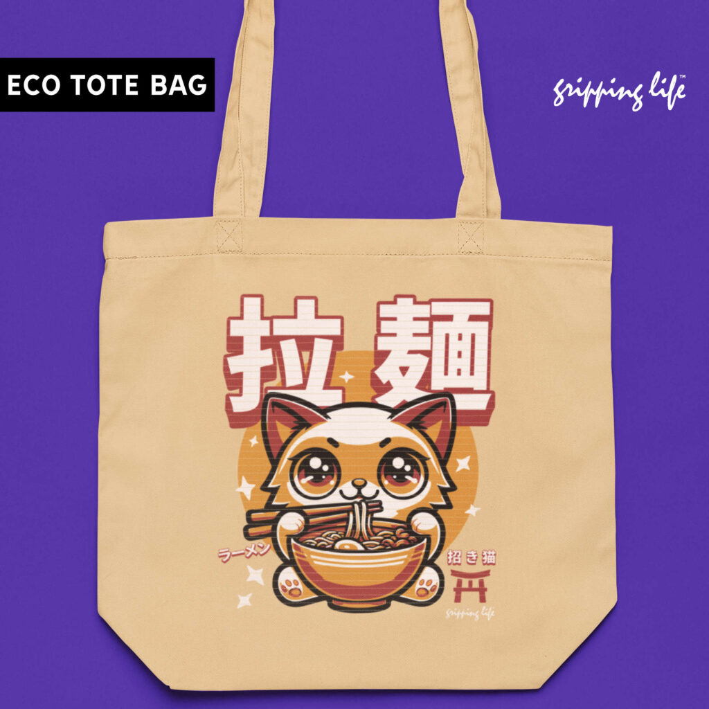 Cute Kawaii Cat Eating Ramen Eco Tote Bag By-Gripping Life - Oyster