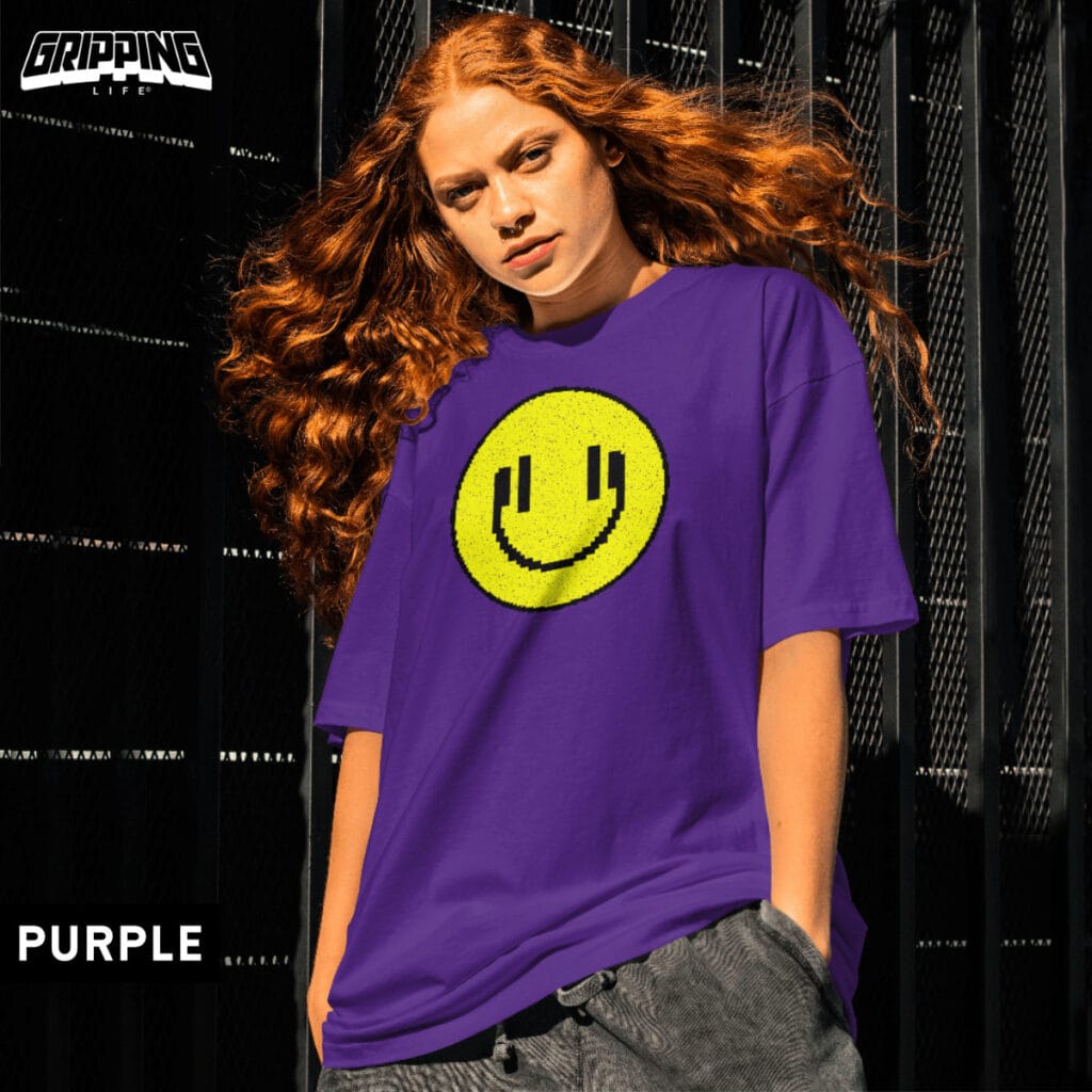 Acid House Smiley Face With Headphones T-Shirt By Gripping Life - Purple