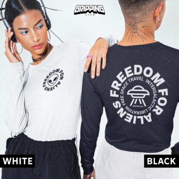 No Borders For Aliens - Freedom For Aliens Long Sleeve T-shirt by Gripping Life - Black & White
