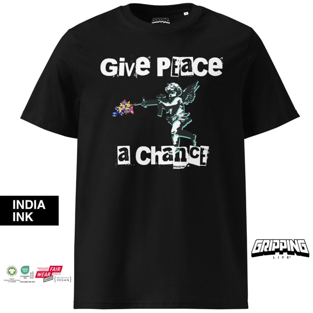 Anti War - Give Peace A Chance Organic T-Shirt By Gripping Life And Stanley/Stella - Black