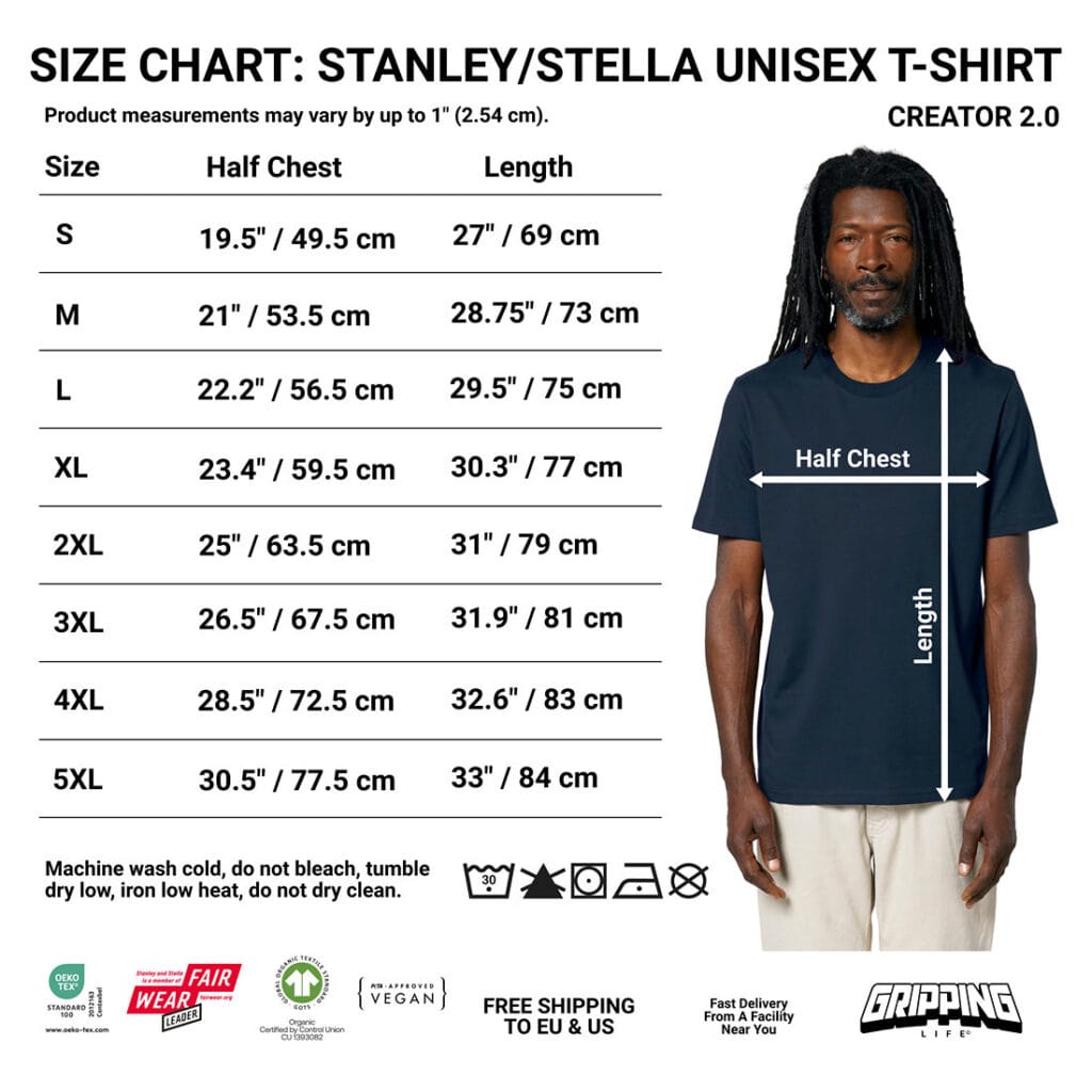 Size Chart: Stanley/Stella Organic Unisex T-Shirt Creator 2.0 By Gripping Life