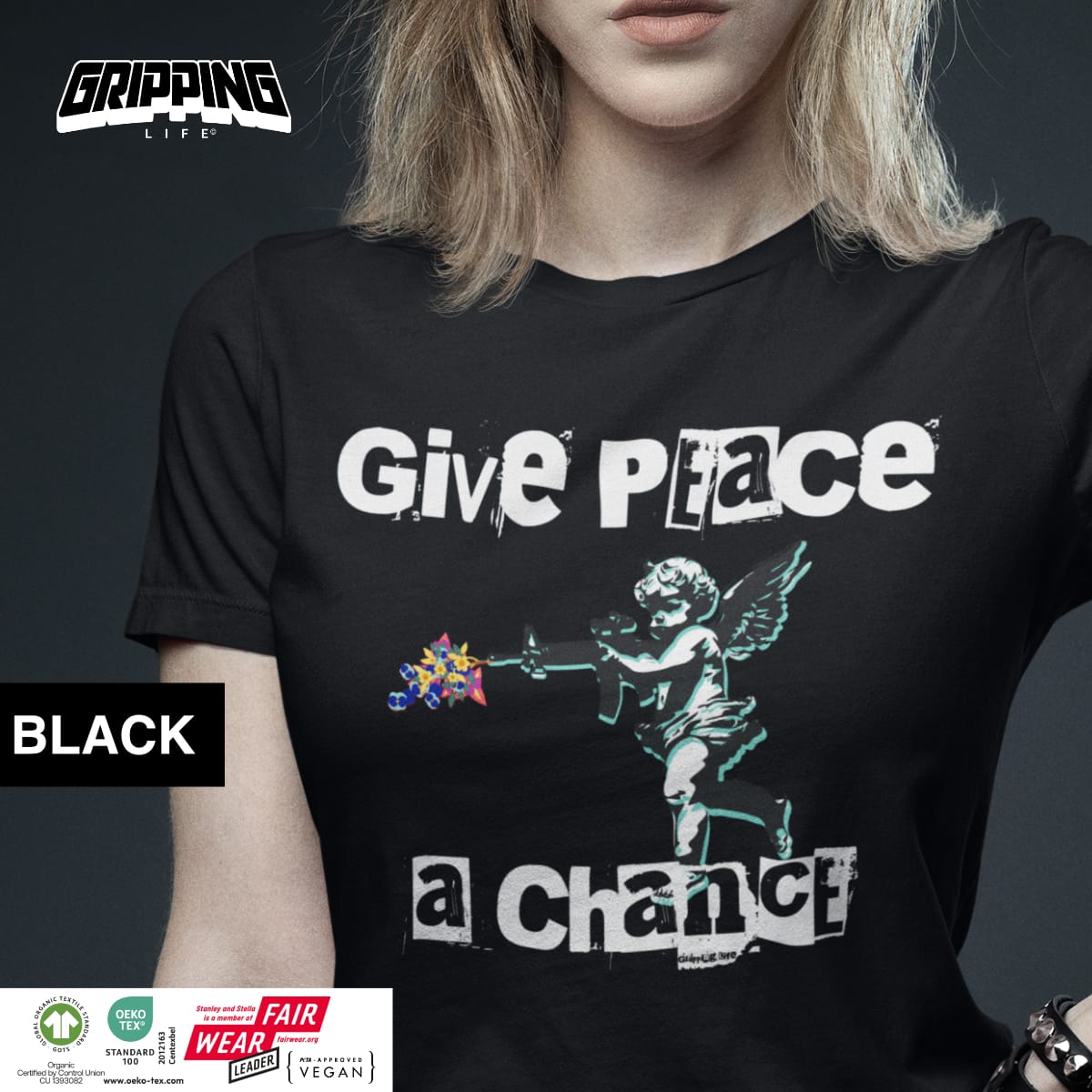 Anti War Shirt - Give Peace A Chance Organic Women'S T-Shirt By Gripping Life And Stanley/Stella - Black