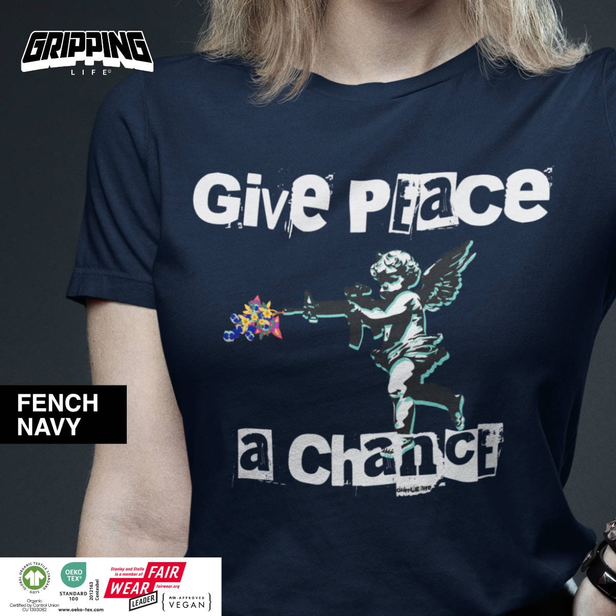 Anti War Shirt - Give Peace A Chance Organic Women'S T-Shirt By Gripping Life And Stanley/Stella - French Navy