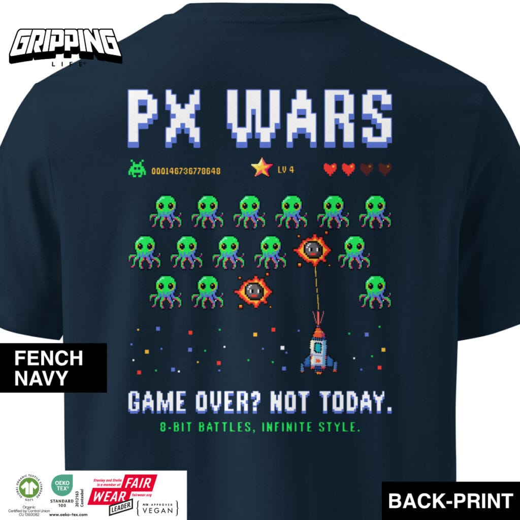 Retro Vintage Video Game Organic T-Shirt By Gripping Life - Back Print - French Navy