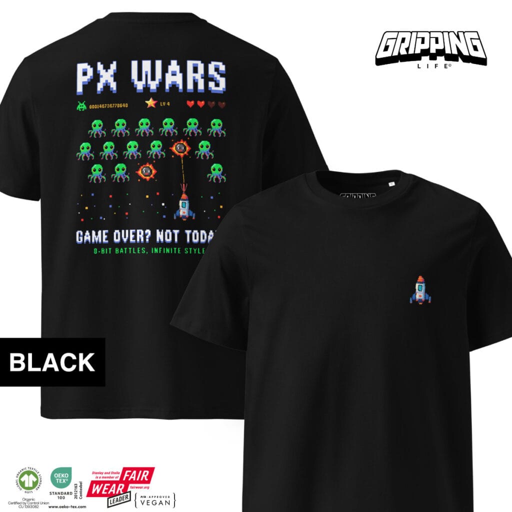 Retro Arcade Style Organic T-Shirt By Gripping Life - Chest + Back Print - Black