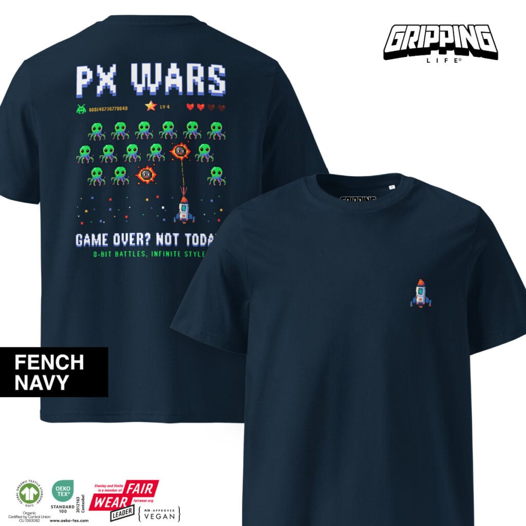 Retro Vintage Video Game Organic T-Shirt By Gripping Life - Chest + Back Print - French Navy